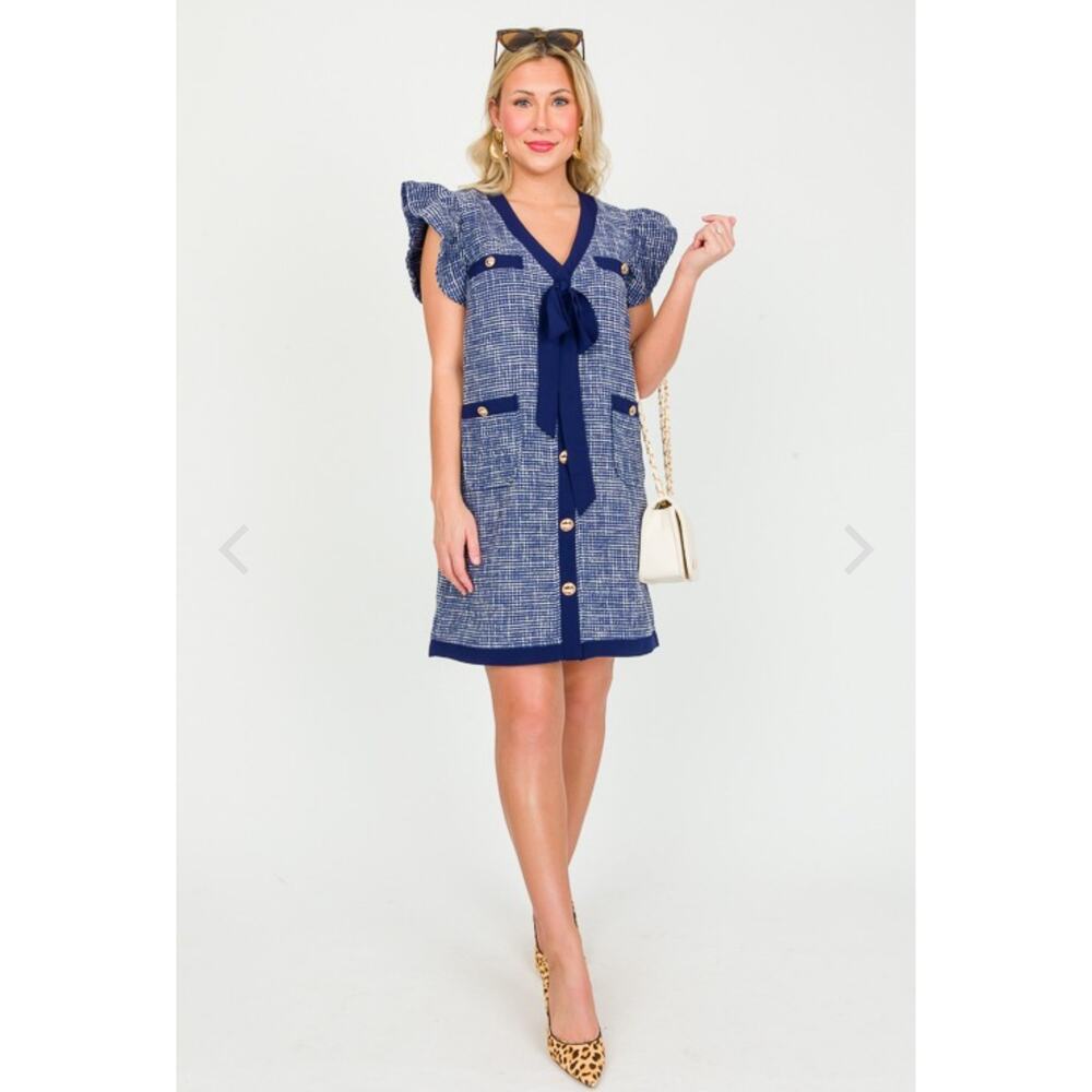 TWEED BOW BUTTON DRESS, NAVY SZ XL NEW W TAGS. Sold out style! 🎉 - Picture 2 of 7